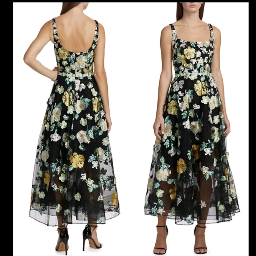 Marchesa Notte Floral Applique 3D Embroidered Tea Length Gown Tulle Size 8 - Picture 10 of 17